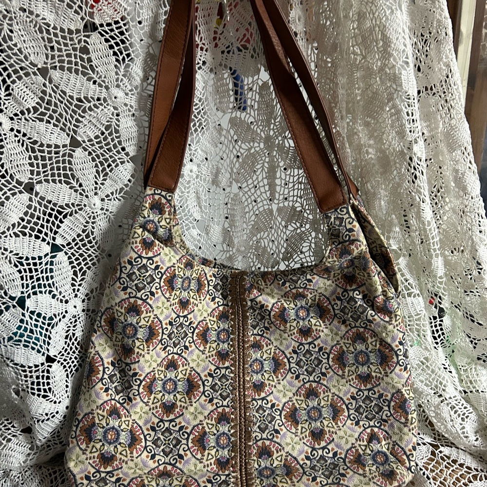 Sakroots Multicolor Floral Medallion Canvas Shoulder Bag with Brown Straps